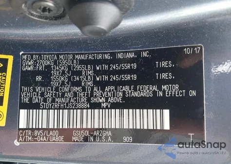 2018 Toyota Highlander Limited z USA, uszkodzony, nr VIN 5TDYZRFH1JS238884